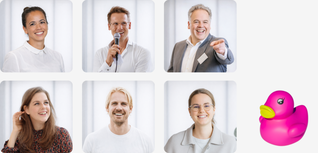 Het team van BRIL innovatie met Lot, ons roze badeendje, Magda Filon, Erwin Jansen, Toni Sfirtsis en partners